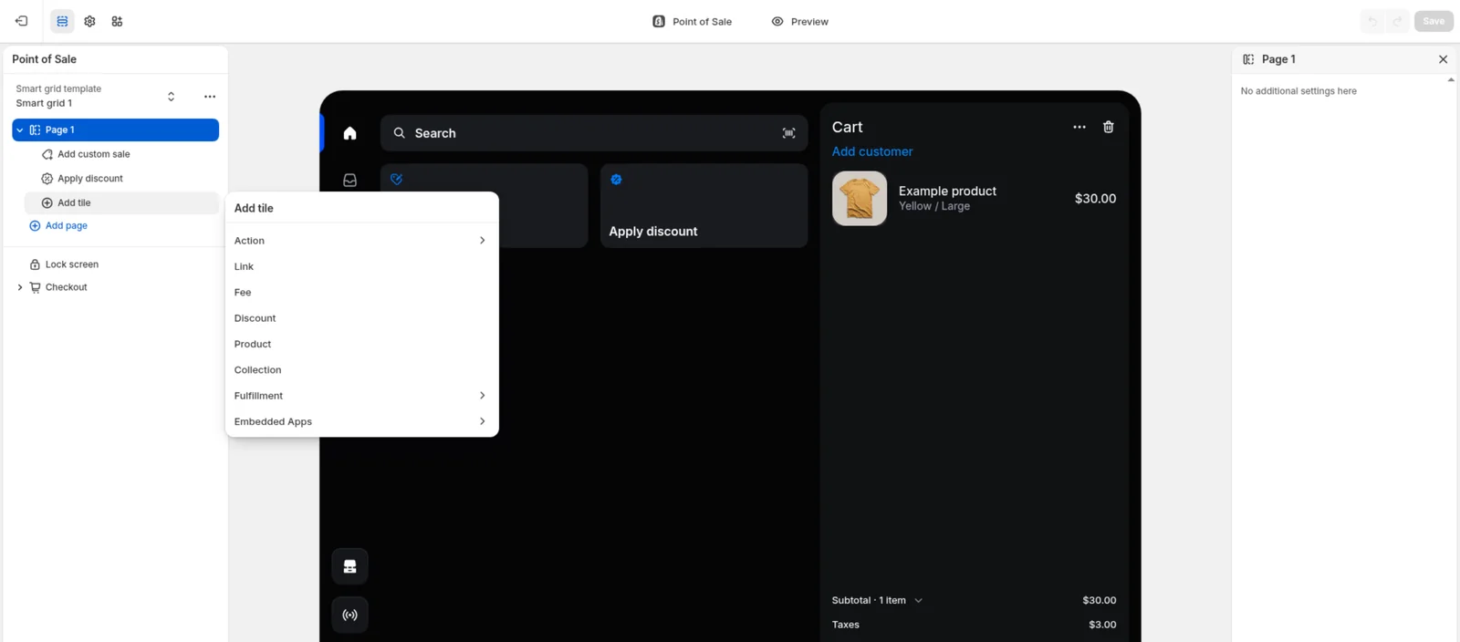 Shopify's POS editor with a register preview in the center and the Add tile menu open, listing tile types including Embedded Apps.