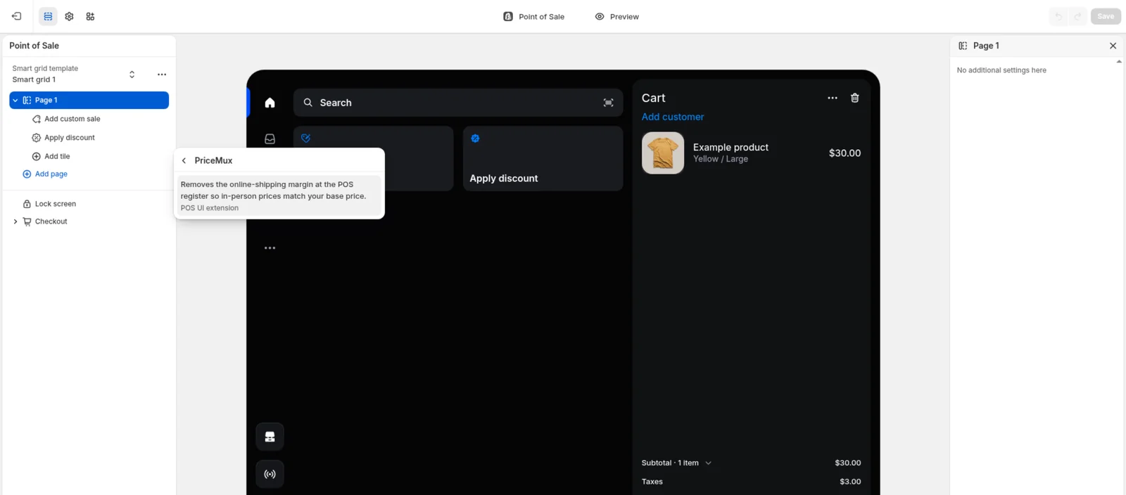 The Add tile menu drilled into the PriceMux app, showing its POS pricing tile ready to add.