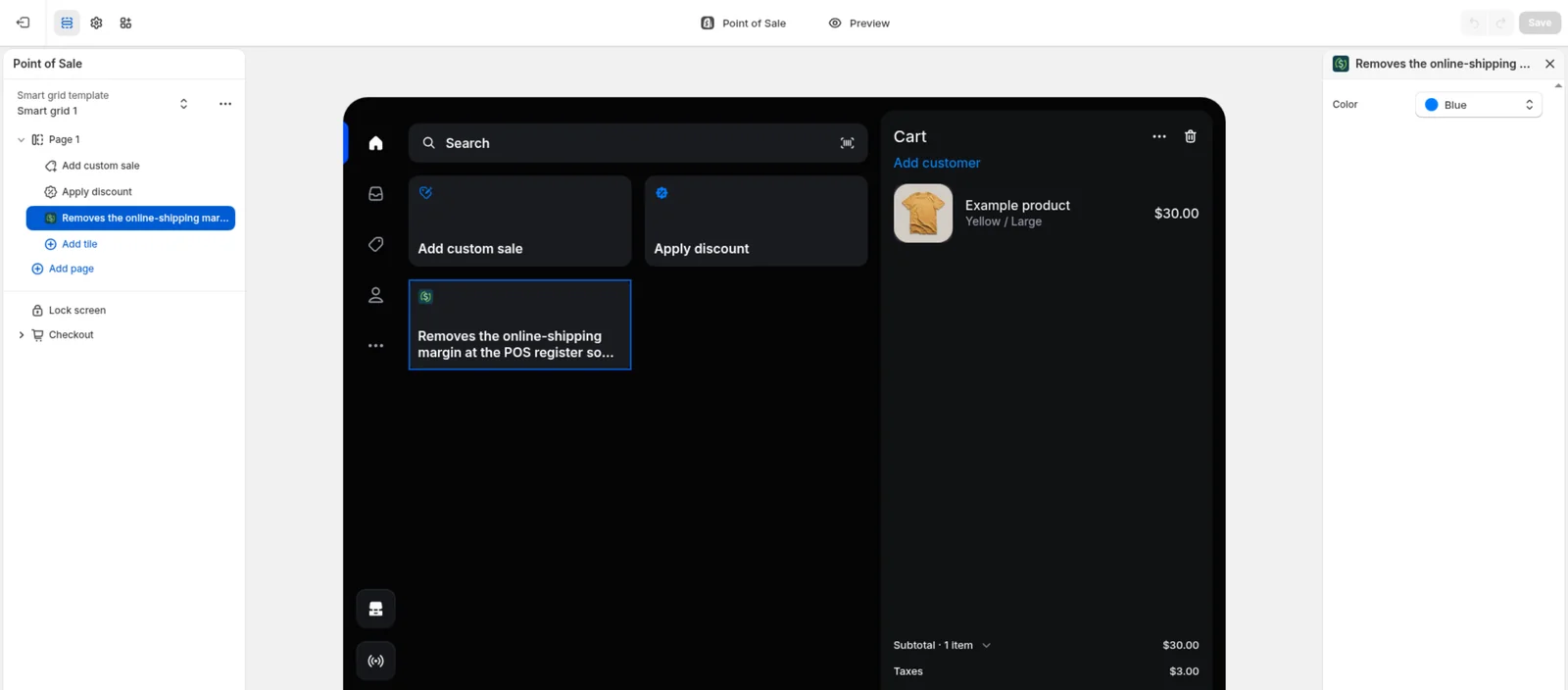 The POS editor with the PriceMux tile placed on the register's home screen grid, saved.