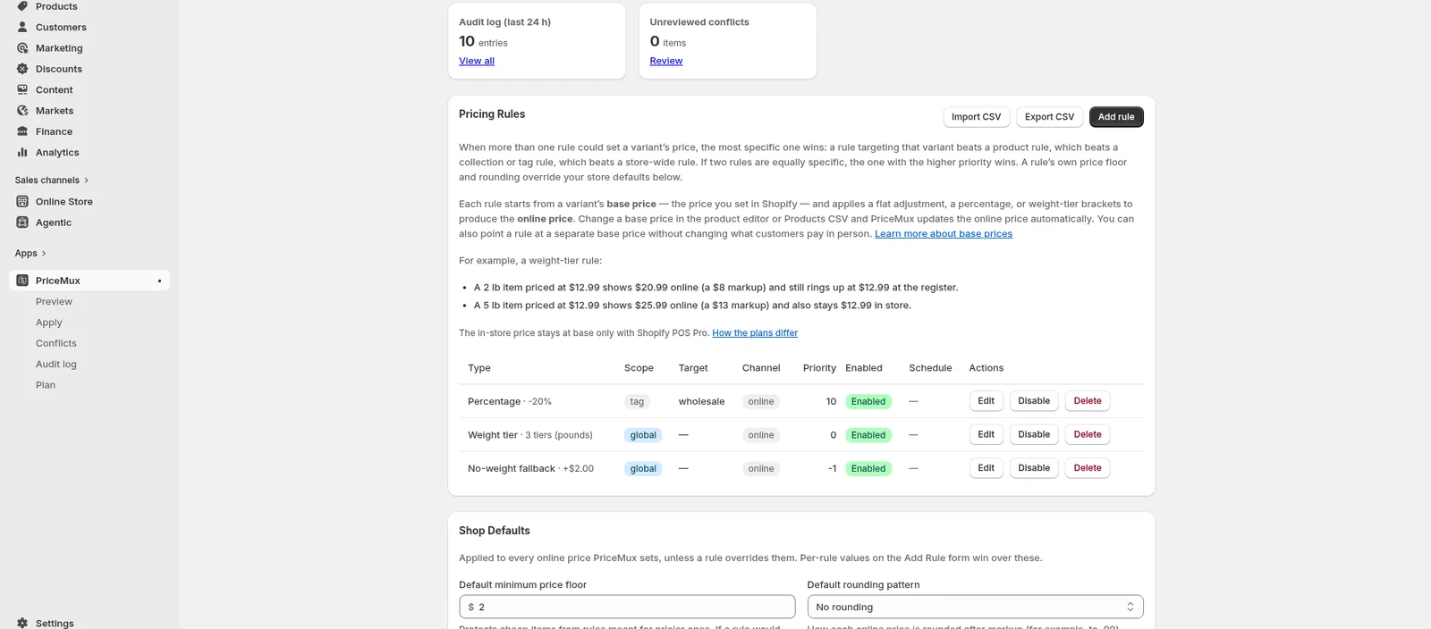 PriceMux Settings screen inside Shopify admin showing three pricing rules — a tag-scoped wholesale percentage rule, a global weight-tier rule with three brackets, and a global no-weight fallback rule.